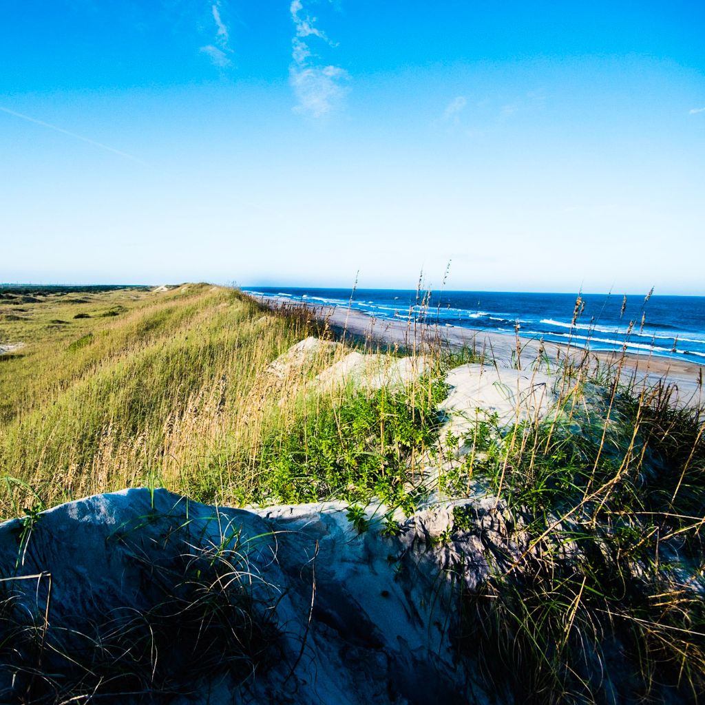 A view from the Dunes in Avon North Carolina looking over the Atlantic Ocean and the beautiful long beaches of the Outer Banks. 